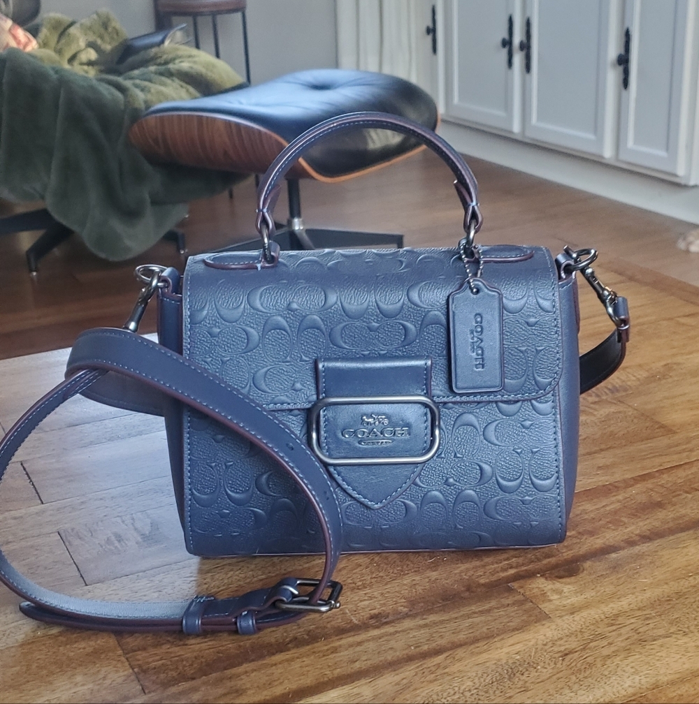 Coach Navy Embossed Morgan Crossbody With Top Handle